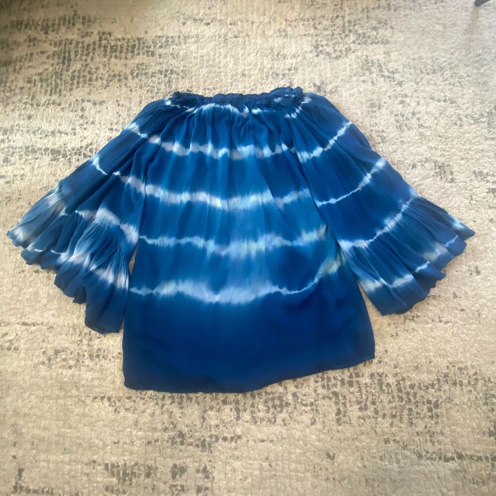 etc Womens L Blue White Tie Dye Shibori Off Shoulder Bell Sleeve Boho Blouse Top